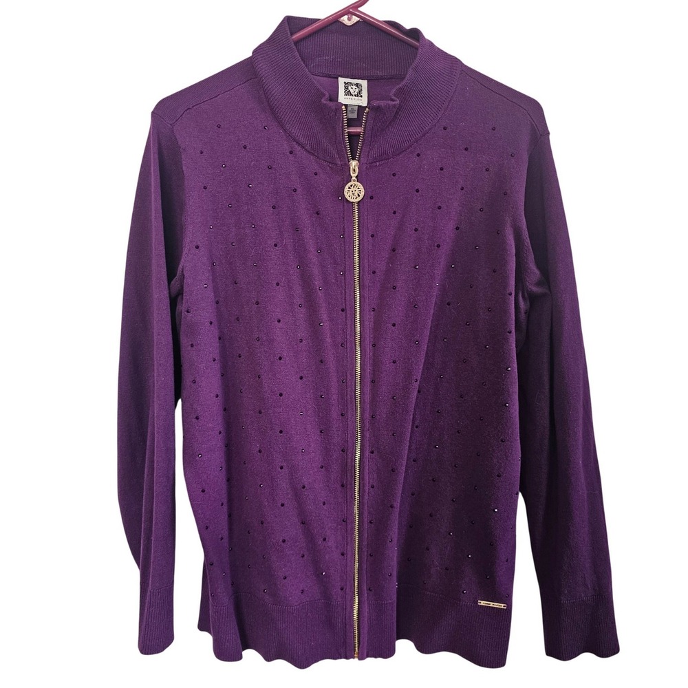 Anne Klein Womens XL Purple Rhinestone Zip Cardigan Sweater Mock Neck Lion Logo‎